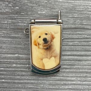 Vintage Flip Phone Digital Watch 1.5" Keychain with Golden Retriever Puppy Dog